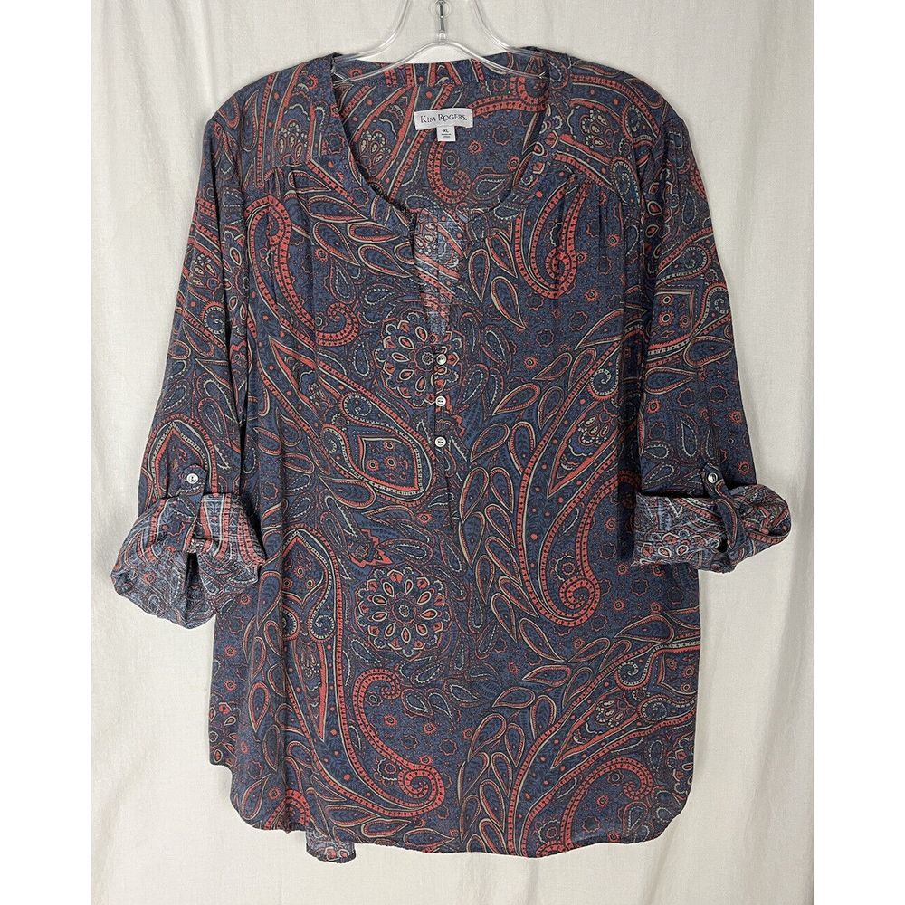 Kim Roger Top Womens XL Button Up Shirt Blue Pink Paisley Long Sleeve Roll Tab